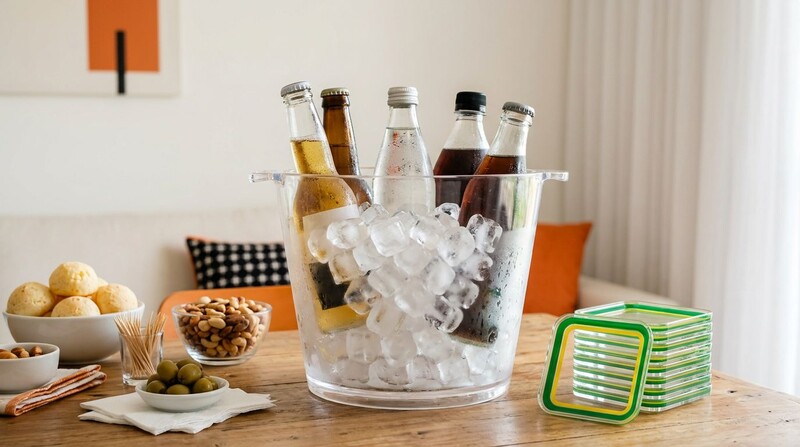 Balde de gelo com bebidas em recipiente transparente