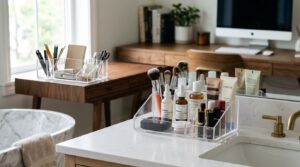 Mesa organizada com produtos de maquiagem e escritório.