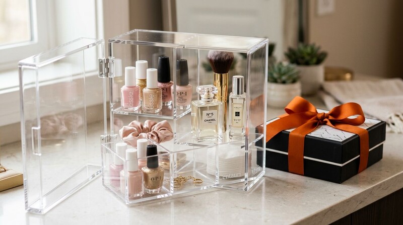 Organizador de maquiagem com produtos e acessórios.