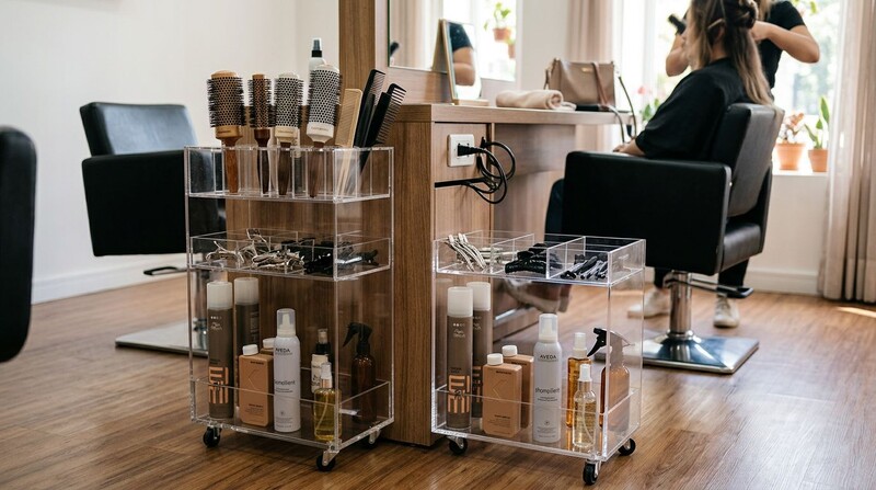 Bancada de salão de beleza com produtos e ferramentas.
