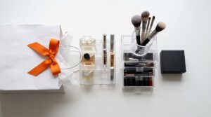 Conjunto de produtos de maquiagem e acessórios organizados.