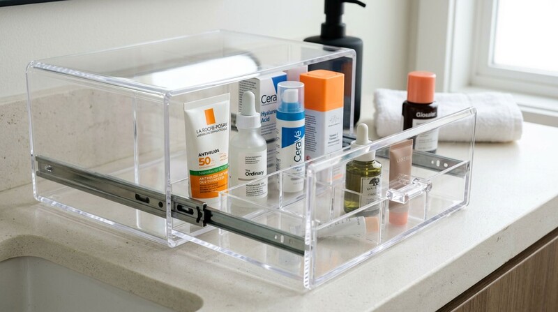 Organizador de produtos de skincare em banheiro