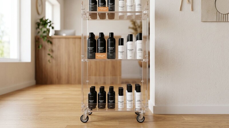 Prateleira com produtos de beleza organizados