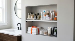 Prateleira com produtos de beleza e toalhas organizadas