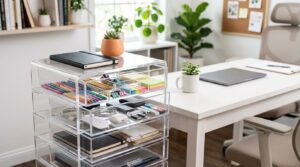 Organizador de mesa com materiais de escritório coloridos