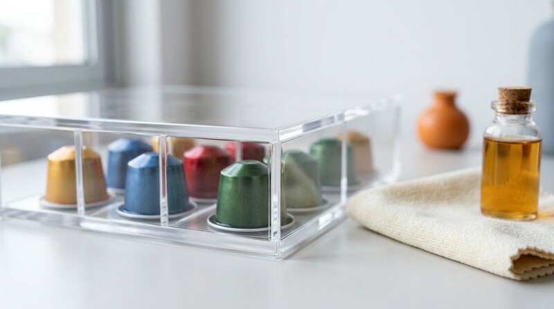 Caixa transparente com cápsulas de café coloridas