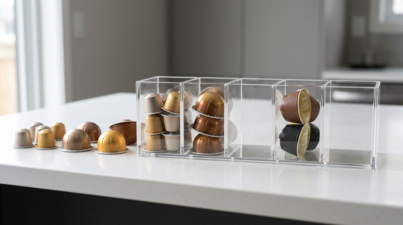 Capsulas de café organizadas em recipientes transparentes