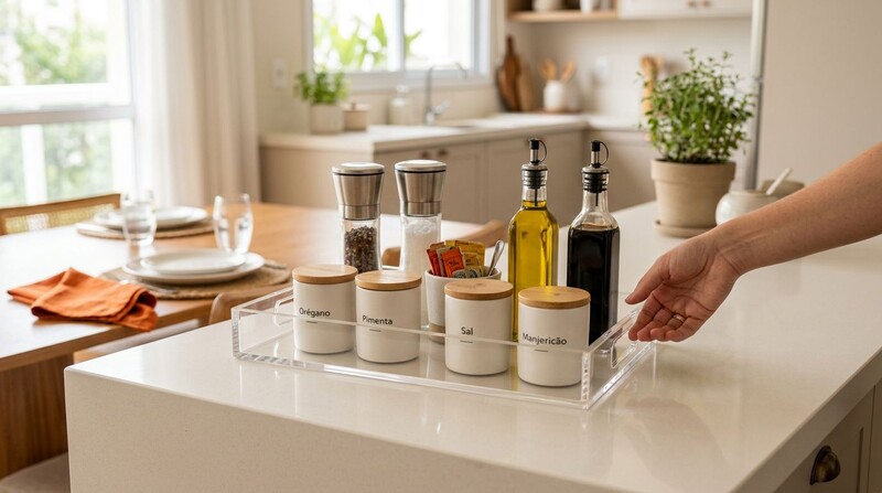 Conjunto de temperos em uma bancada moderna de cozinha