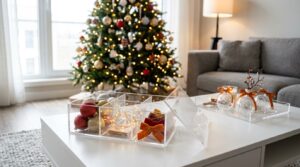 Decoração de Natal com enfeites em mesa e árvore ao fundo