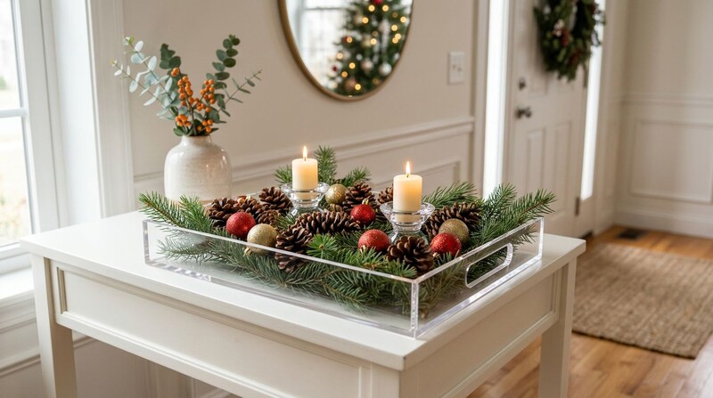 Decoração de Natal com velas e pinhas em uma bandeja.