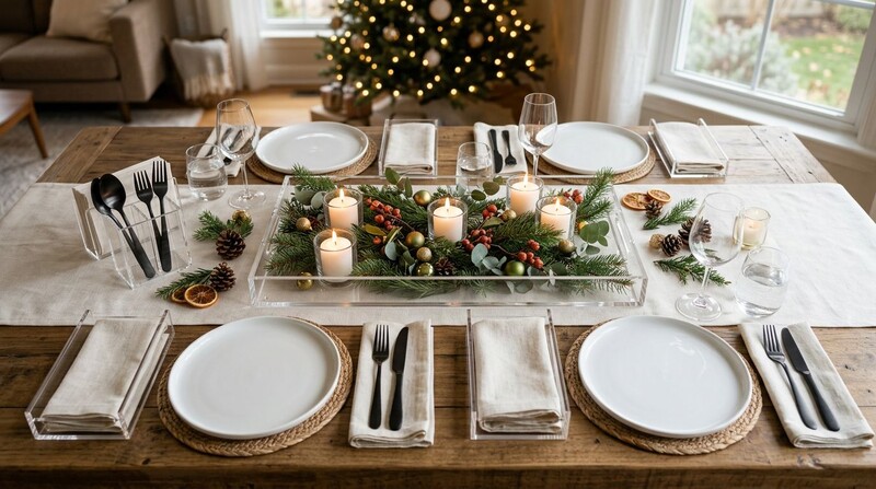 Mesa decorada para ceia de Natal com velas e folhagens.