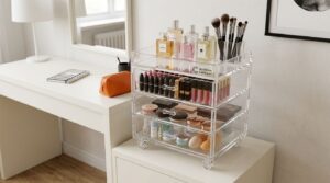 Organizador de maquiagem em acrílico com diversos produtos