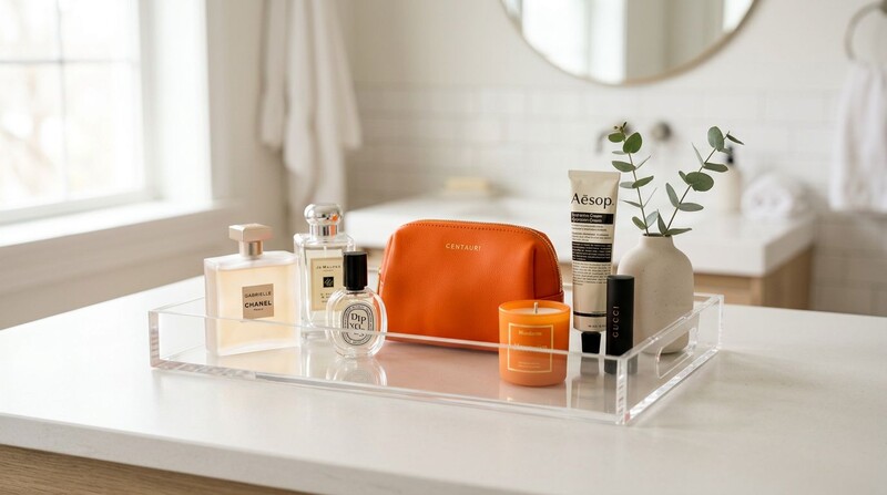 Organizadores de banheiro com produtos de beleza e aromaterapia