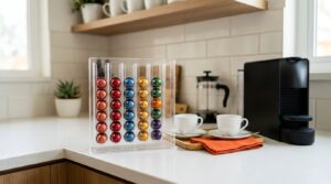 Suporte para cápsulas de café em bancada de cozinha